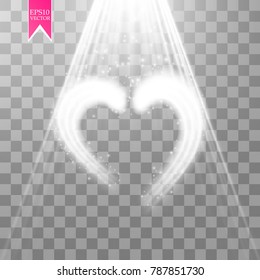 Happy Valentines Day greeting card. I Love You. 14 February. Holiday background with hearts with arrow, light, stars on transparent background. Vector Illustration