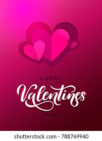 Happy Valentine's day greeting card with lettering and heart. Paper cut heart effect with calligraphy. Modern design for card or invitation. Vector illustration