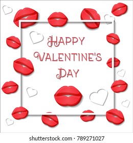 Happy Valentine's day greeting card template with red lips, white hearts, sqare frame and text on white background. Cartoon style vector illustration.