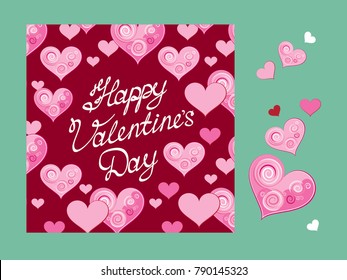 Happy Valentines day. Greeting card with hearts and calligraphic lettering. Vector illustration.