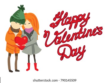 Happy Valentines day. Greeting card with boy and girl in love and calligraphic lettering. Vector illustration.