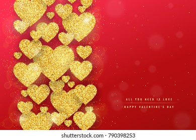 Happy Valentines Day greeting card with gold glittering hearts pattern on red background. Vector banner, flyer, poster template.