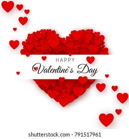 Happy Valentine`s day greeting card cover template. Heart frame with label. Heart consisting of a multitude of hearts with space for text. Vector illustration