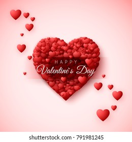 Happy Valentines day greeting card. Heart frame consist of many hearts and label with wish happy Valentines Day. Romantic pattern for february 14 holiday. Vector illustration