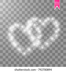 Happy Valentines Day greeting card. I Love You. 14 February. Holiday background with hearts with arrow, light, stars on transparent background. Vector Illustration. eps 10