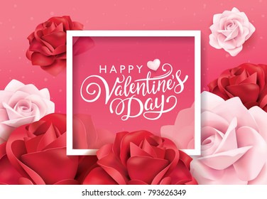 Happy Valentines Day Greeting Card With Pink And Red Roses