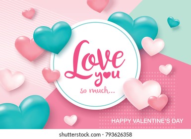 Happy Valentines Day greeting card with sweet and lovely hearts background