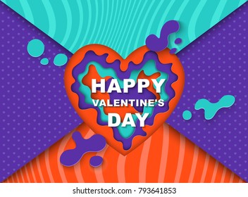 Happy Valentine's Day. Greeting card heart  with paper cut shapes. Modern style, paper art ultraviolet.