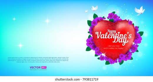 Happy Valentine's Day greeting card with red heart and flying birds on blue sky background. Vector illustration. Perfect to use for print layouts, web banners design and other creative projects