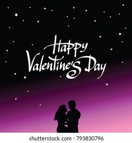 Happy Valentines Day greeting card with romantic loving couple silhouette on starry night sky background with calligraphic lettering Happy Valentines Day.
 