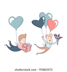 Happy Valentine's Day greeting card set Cute funny boy, man boyfriend, male character flying heart shape balloons with present and flowers. Flat line design. Vector illustration.