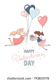 Happy Valentine's Day greeting card Cute funny gay couple, homosexual female couple in love romantic characters flying heart shape balloons. Flat line design. Vector illustration.