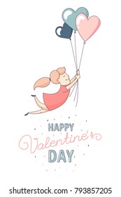Happy Valentine's Day greeting card Cute funny girl, woman ,girlfriend, female character flying heart shape balloon. Flat line design. Vector illustration.