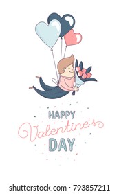 Happy Valentine's Day greeting card Cute funny boy, man boyfriend, male character flying heart shape balloon with flowers. Flat line design. Vector illustration.