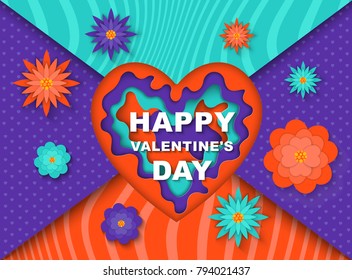 Happy Valentine's Day. Greeting card heart  with paper cut shapes. Modern style, paper art ultraviolet.