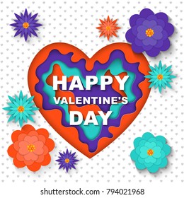 Happy Valentine's Day. Greeting card heart  with paper cut shapes. Modern style, paper art ultraviolet.
