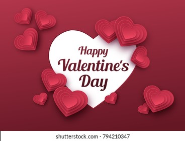 Happy Valentines Day greeting card. Paper art, love and wedding. Red paper hearts in style of origami. Vector