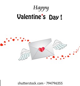 Happy Valentine's Day greeting card. Closed heart stamped envelope with white angel wings and hearts wave track on white background. 