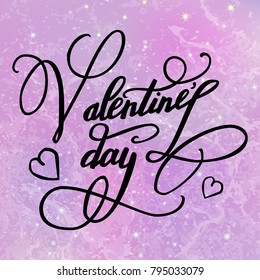 Happy Valentines Day greeting card with lettering on a pink background. Vector illustration 