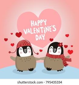 Happy Valentine's Day greeting card with cute penguin lover.  