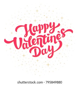 Happy valentines day greeting card design. Bright pink inscription with golden foil sparkles on white background. Vector illustration.