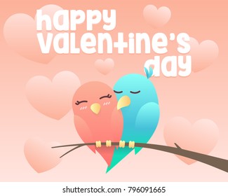 Happy Valentine's Day Greeting Card of Two Lovely Cute Birds Couple With the Hearth and Sign of Love