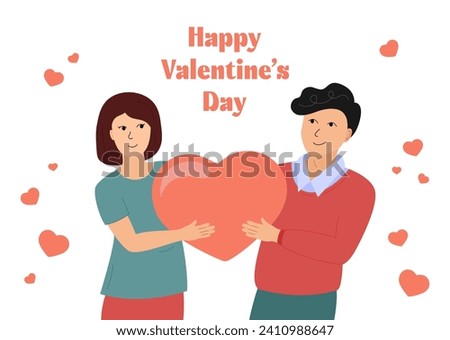 Happy Valentines Day greeting card. Couple in love. Smiling woman and happy man holding huge heart together. Sweethearts flat vector illustration. Valentine celebration romantic poster, banner.