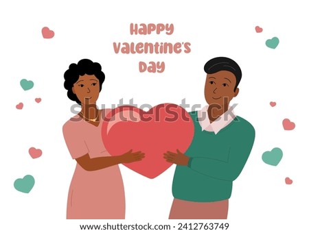 Happy Valentines Day greeting card. Couple in love. Smiling woman and man holding large heart together. Sweethearts flat vector illustration. Valentine celebration romantic poster.
