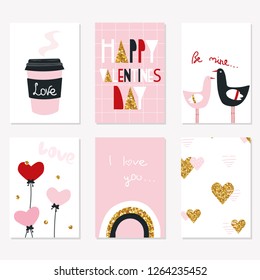 Happy Valentine's day greeting cards. Cute holiday set. Vector hand drawn illustration.