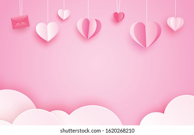 Happy valentines day greeting cards with paper hearts hanging on pink pastel background.