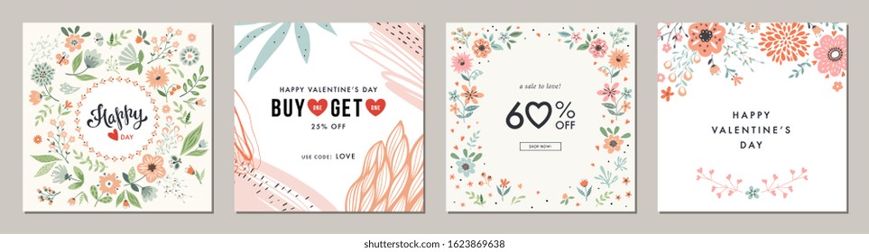 Happy Valentine's Day greeting cards. Floral square templates. Suitable for social media posts, mobile apps, banners design and web/internet ads. Vector fashion backgrounds.