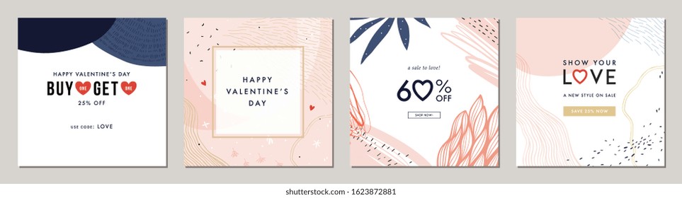 Happy Valentine's Day greeting cards. Trendy abstract square art templates. Suitable for social media posts, mobile apps, banners design and web/internet ads. Vector fashion backgrounds.