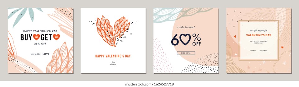 Happy Valentine's Day greeting cards. Trendy abstract square art templates. Suitable for social media posts, mobile apps, banners design and web/internet ads. Vector fashion backgrounds.