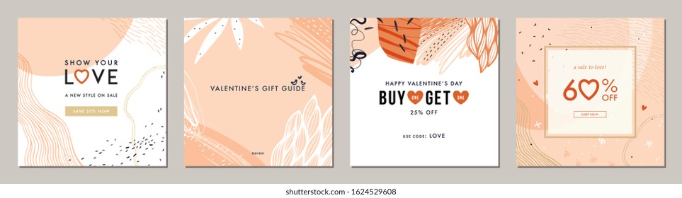 Happy Valentine's Day greeting cards. Trendy abstract square art templates. Suitable for social media posts, mobile apps, banners design and web/internet ads. Vector fashion backgrounds.