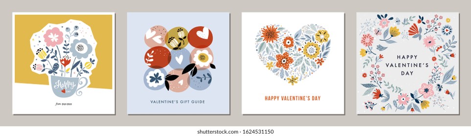 Happy Valentine's Day greeting cards. Floral square templates. Suitable for social media posts, mobile apps, banners design and web/internet ads. Vector fashion backgrounds.