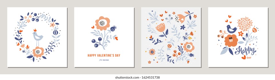 Happy Valentine's Day greeting cards. Floral square templates. Suitable for social media posts, mobile apps, banners design and web/internet ads. Vector fashion backgrounds.