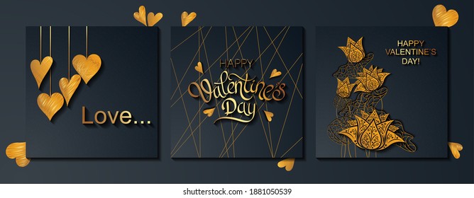 Happy Valentine's Day greeting cards. Trendy abstract square art templates. Suitable for social media posts, mobile apps, banner designs, cards, invitations. Vector gold fashion background.