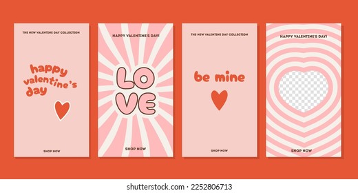 Happy Valentines Day greeting cards. Social media ig stories templates for digital marketing and sales promotion. Vertical banners or flyer with trendy retro style typography. Vector flat illustration