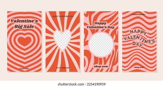 Happy Valentines Day greeting cards. Social media ig stories templates for digital marketing and sales promotion. Vertical banners or flyer with trendy retro style typography. Vector illustration.