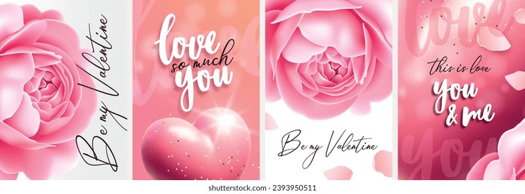 Happy Valentine's Day greeting cards. Realistic pink flower bud and 3D heart. Romantic background
