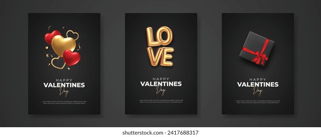 Happy Valentine's Day Greeting Cards. Luxury Valentine's Day Background with Golden Hearts and Gift Box. Black and Red Modern Design for Poster, Cover, and Banner Vector Illustration