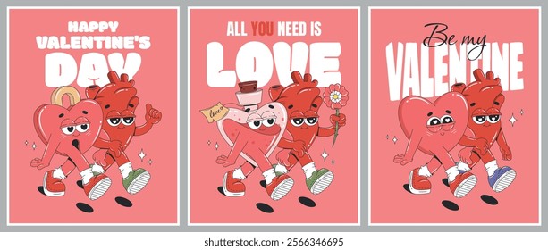 Happy Valentine's Day greeting cards. Romantic cartoon groovy characters. Heart, love potion, love lock. Vector illustration for flyer, banner, poster.