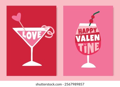 Happy Valentines day greeting cards, invitations. Cocktail drinks glasses with lettering text isolated on pink red background. Birthday, wedding party celebration. Retro poster design, vector 