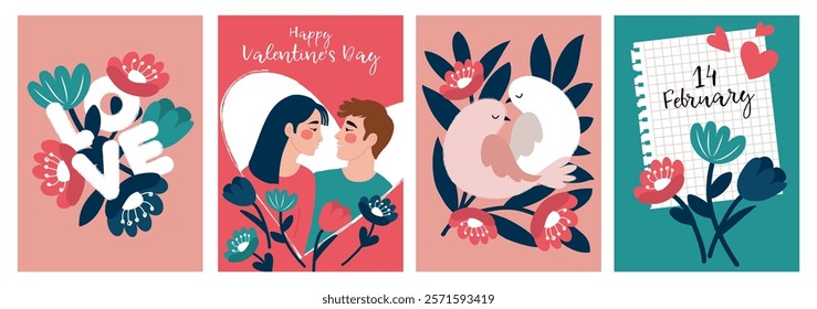 Happy Valentine's Day Greeting cards. Hand-drawn illustrations with hearts, flowers, people in love and birds. For publishing on social networks, mobile applications, advertising, and the web.