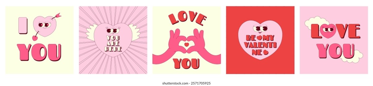 Happy Valentines day greeting cards set. Cute psychedelic hearts with face. Trendy retro groovy style. Vector illustration in pink, red colors