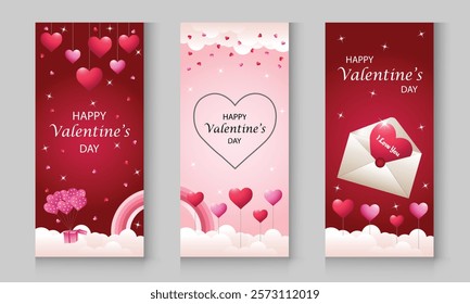 Happy Valentine's Day greeting cards with hearts and clouds, Valentine's calligraphy, Holiday banners, flyers and brochures, invitation, gift vouchers