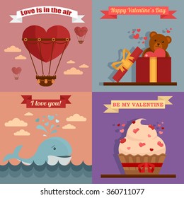 Happy Valentine's Day Greeting Cards. Air Balloon, Present with Love, Cupcake and Whale. Vector illustration in flat style