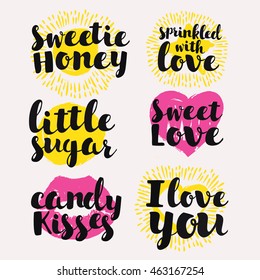 Happy Valentine's day greeting cards set. Graphic hand drawn element with lettering card about love. Sweetie Honey, Sprinkled with love. I Love You, Little Sugar, I Love You, Sweet Love, Candy Kisses