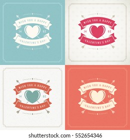 Happy Valentines Day Greeting Cards or Posters Set Vector illustration. Retro typography design and texture background. Heart shape symbol and elements, Love Concept.