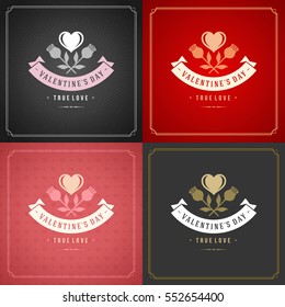 Happy Valentines Day Greeting Cards or Posters Set Vector illustration. Retro typography design and texture background. Heart shape symbol and elements, Love Concept.